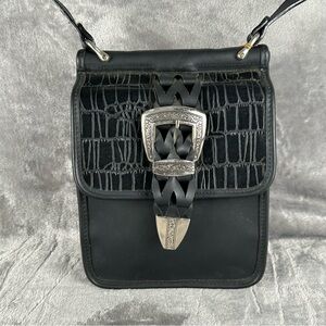 Studio Imports Vintage Crossbody Bag Black Leather Trim Western Silver Buckle‎